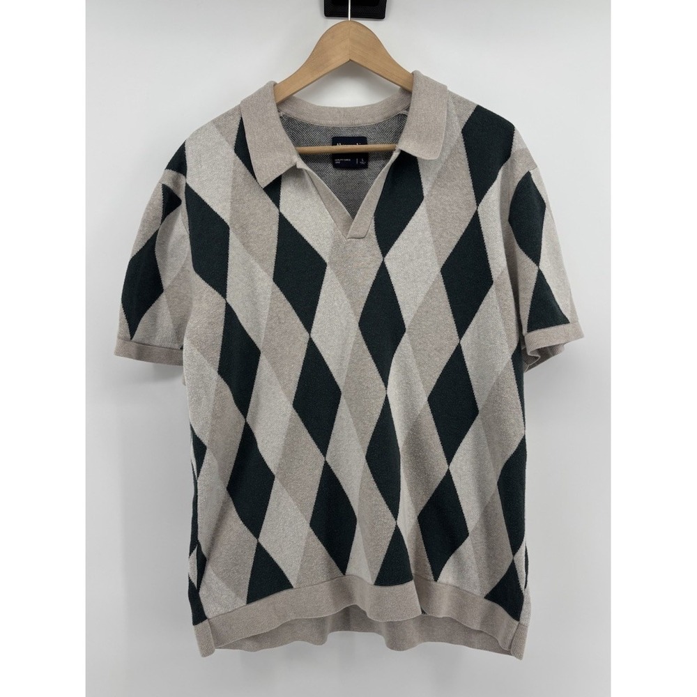 Abercrombie & Fitch Argyle Short Sleeve Knit Polo Shirt Mens L, Tan Modern Style